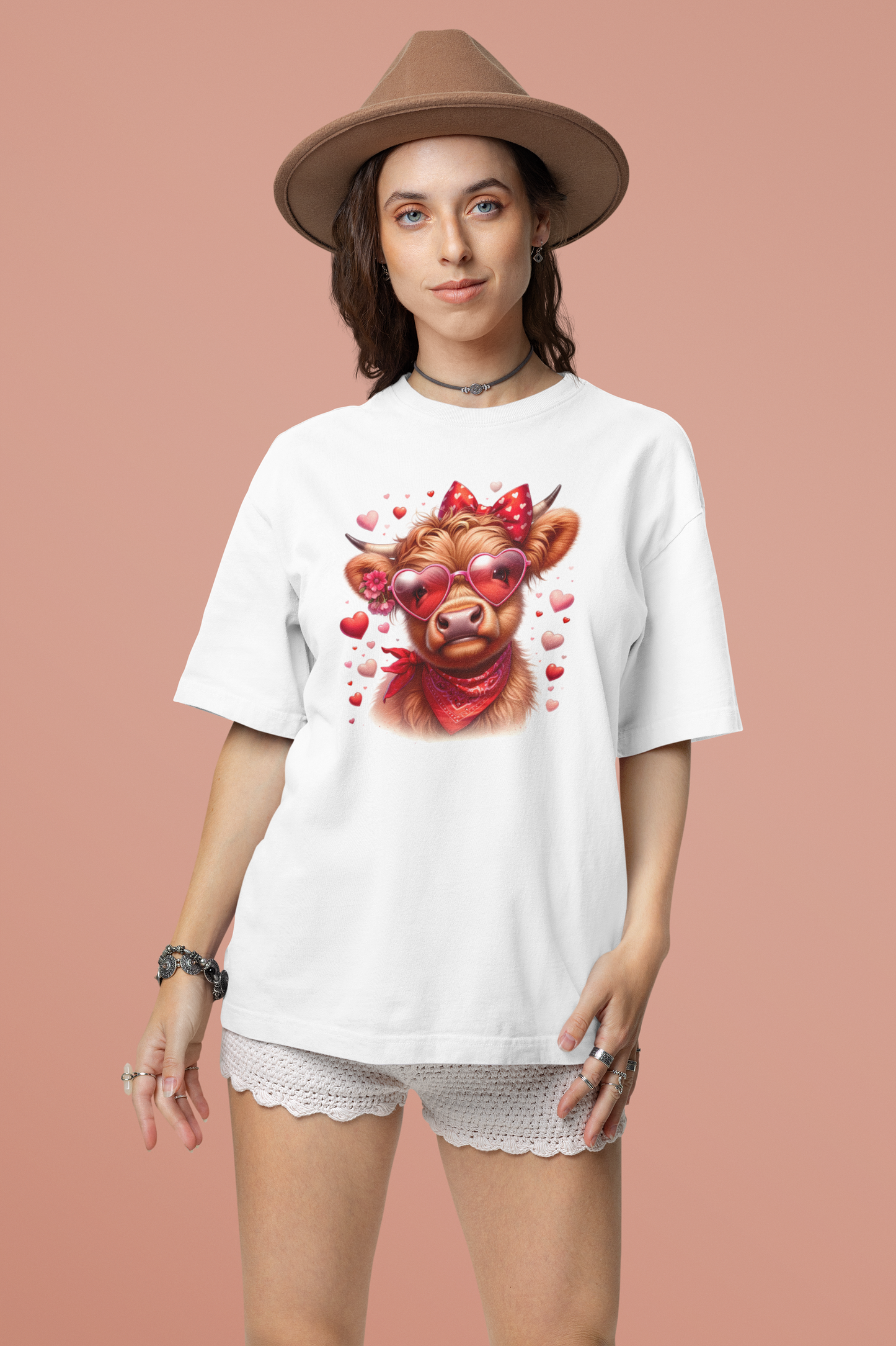 DTF Highland Cow, Red Heart Glasses, Red Hearts, Pink Hearts, Custom DTF, Direct To Film Transfer, Cute, Valentines, Valentine, Gift - River Front Creations Store