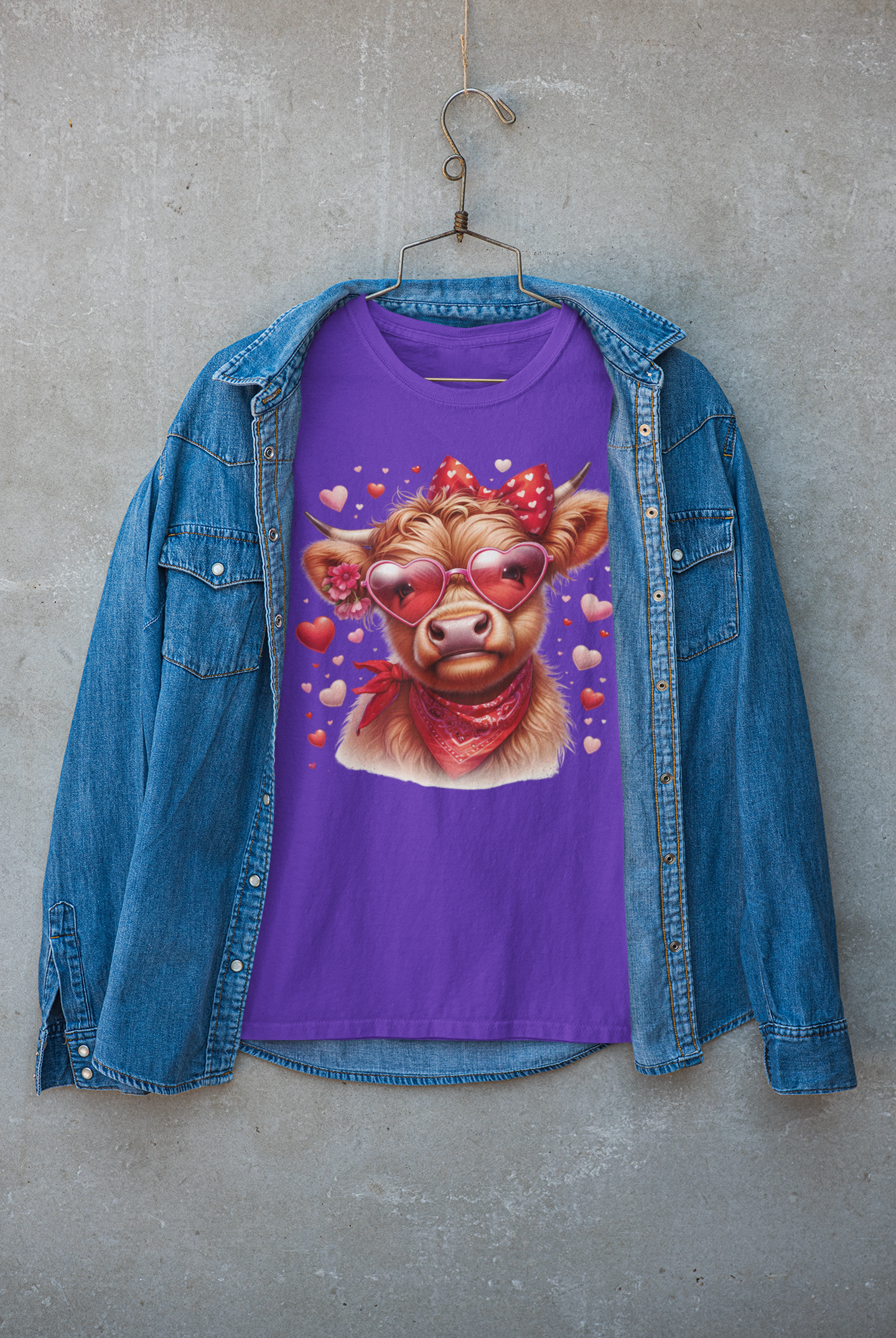 DTF Highland Cow, Red Heart Glasses, Red Hearts, Pink Hearts, Custom DTF, Direct To Film Transfer, Cute, Valentines, Valentine, Gift - River Front Creations Store