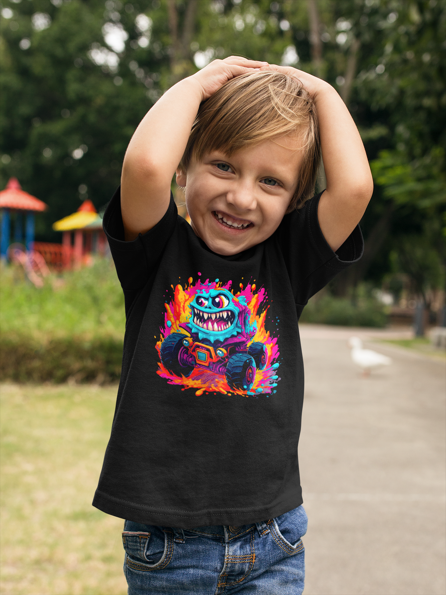 DTF Monster Truck Blue Slime, Custom DTF, Kids Tee, Direct To Film - River Front Creations Store