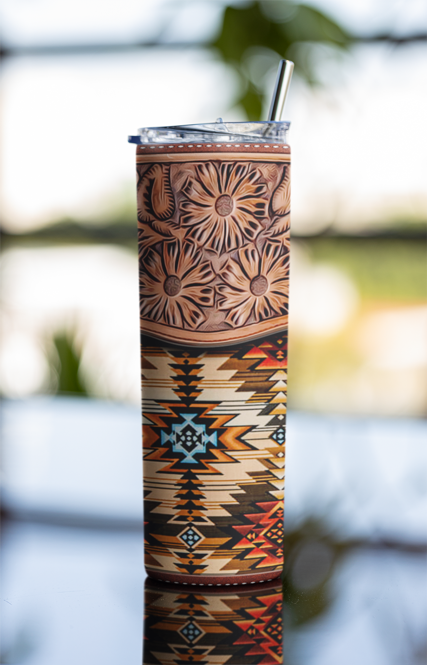 Faux Tooled Leather Aztec Stainless Steel Tumbler - River Front Creations Store