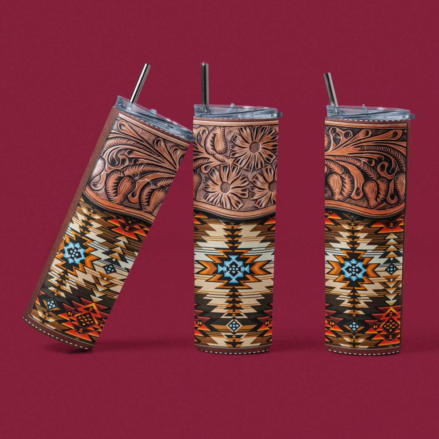 Faux Tooled Leather Aztec Stainless Steel Tumbler - River Front Creations Store