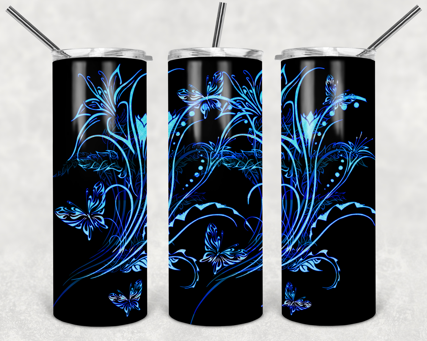 Gorgeous Blue Flower Butterfly Stainless Steel Tumbler - River Front Creations Store