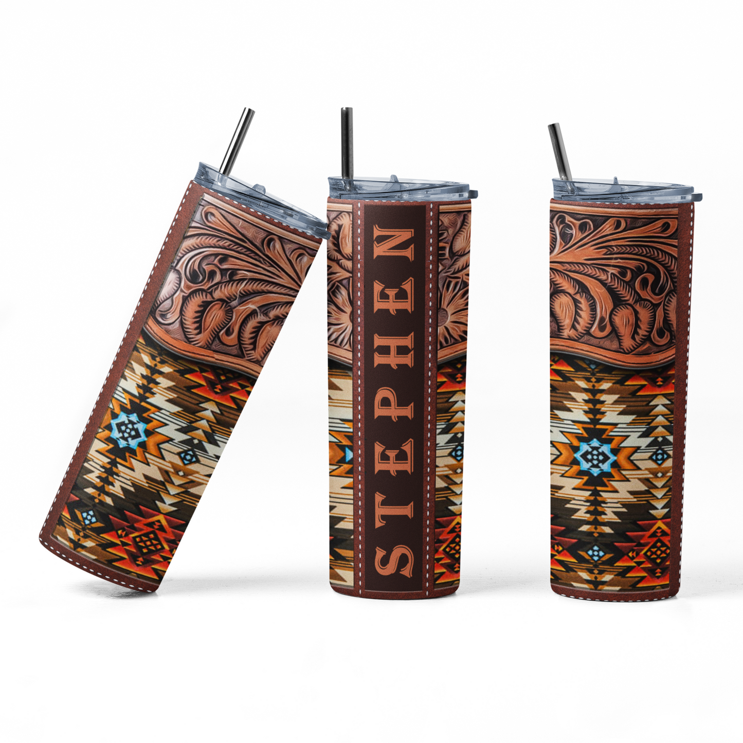 Personalized Faux Tooled Leather Aztec Tumbler, Sublimation Image, 304 Stainless Steel, Dual-walled - River Front Creations Store