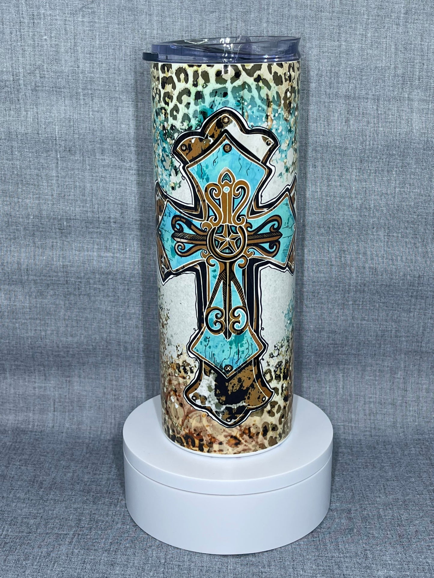 Teal-mocha Leopard Cross Stainless Steel Tumbler - River Front Creations Store