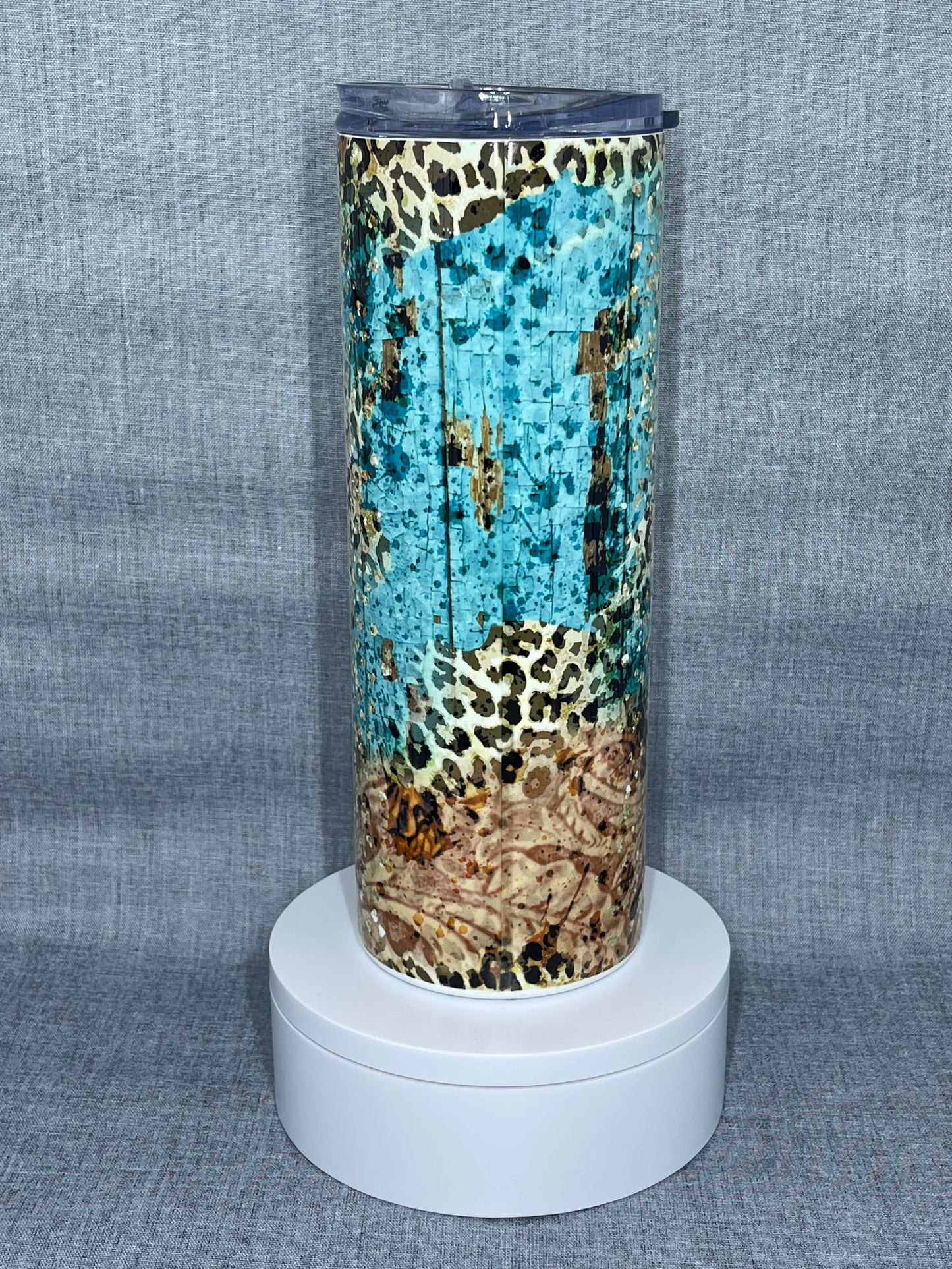 Teal-mocha Leopard Cross Stainless Steel Tumbler - River Front Creations Store