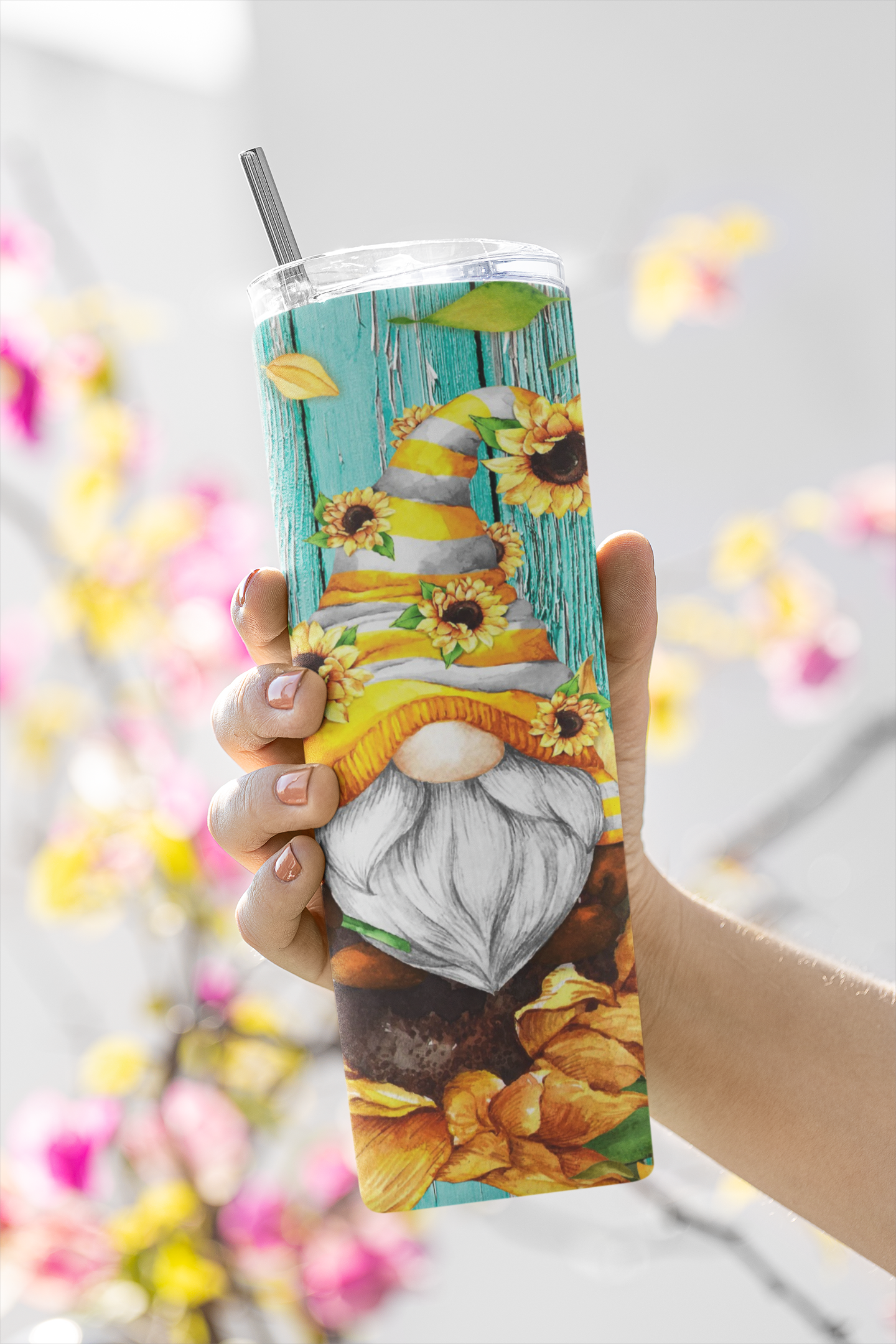 Teal Sunflower Gnome Skinny Stainless Steel Tumbler - River Front Creations Store