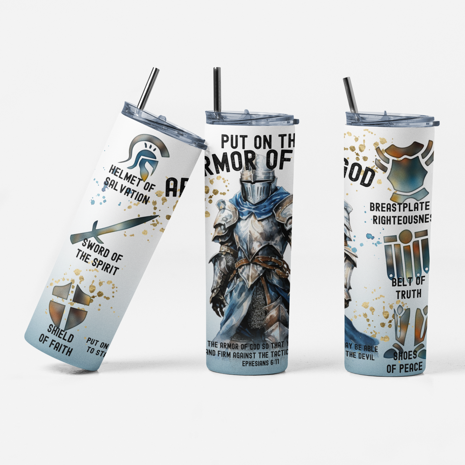 Armor of God Skinny Tumbler, Sublimation Man of Prayer, Warriors Design Christian - River Front Creations Store
