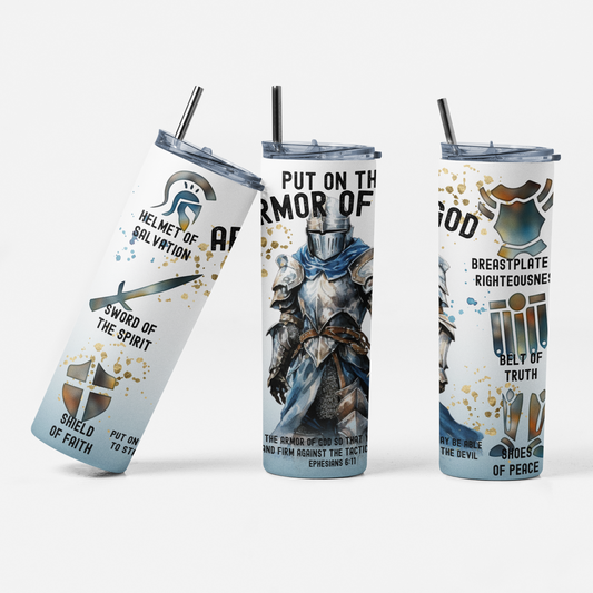 Armor of God Skinny Tumbler, Sublimation Man of Prayer, Warriors Design Christian - River Front Creations Store