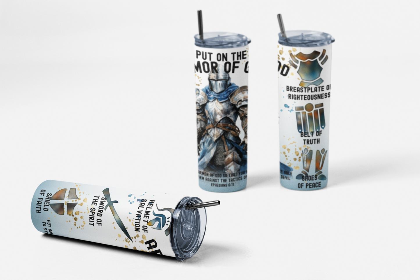 Armor of God Skinny Tumbler, Sublimation Man of Prayer, Warriors Design Christian - River Front Creations Store