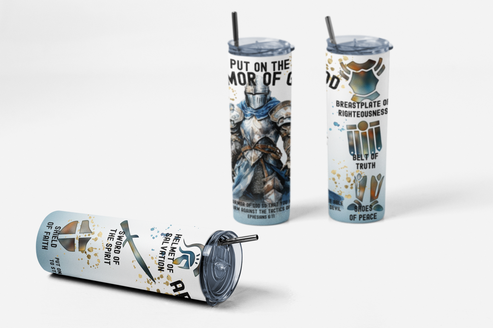 Armor of God Skinny Tumbler, Sublimation Man of Prayer, Warriors Design Christian - River Front Creations Store