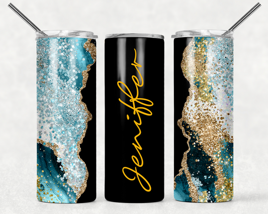 Black and Teal Agate Personalized Tumbler, Dual walled 304 stainless steel, closeable plastic lid, 1 metal straw, 1 plastic straw - River Front Creations Store