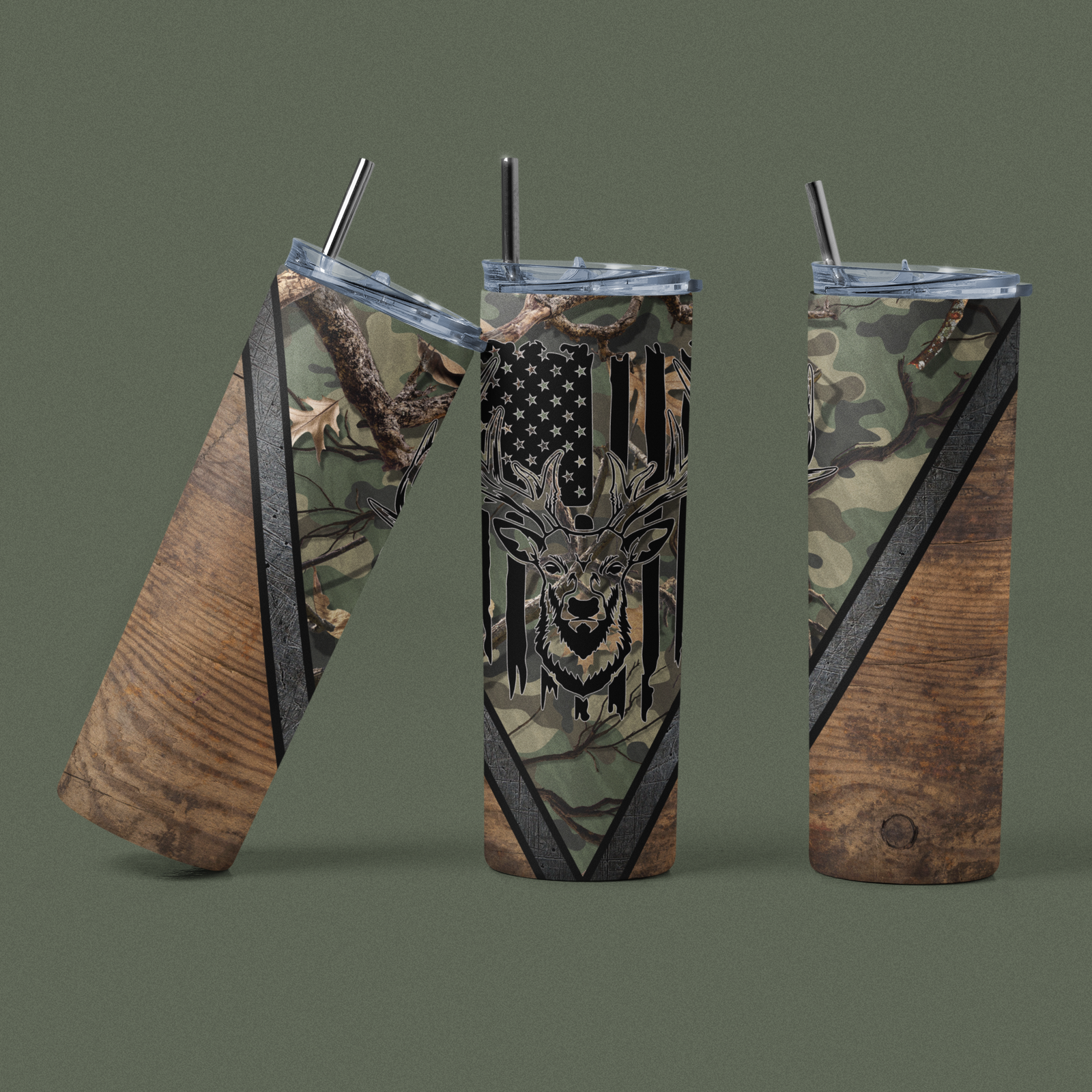 Camo USA Deer Hunting Wood Tumbler, Available in 20oz and 30oz - River Front Creations Store