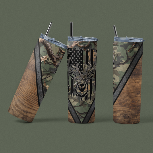 Camo USA Deer Hunting Wood Tumbler, Available in 20oz and 30oz - River Front Creations Store