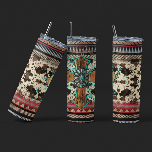 Cowhide Wood Cross Stainless Steel Tumbler - River Front Creations Store