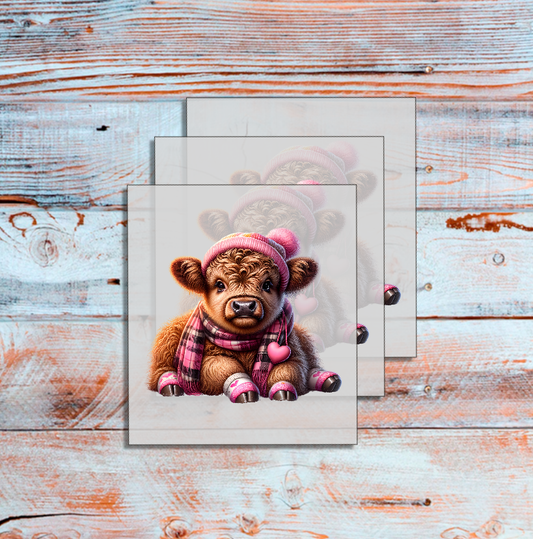 DTF Baby Highland Cow, Pink Heart, Winter hat, Custom DTF, Direct To Film Transfer, Cute Highland Cow, Valentines, Valentine, Gift - River Front Creations Store