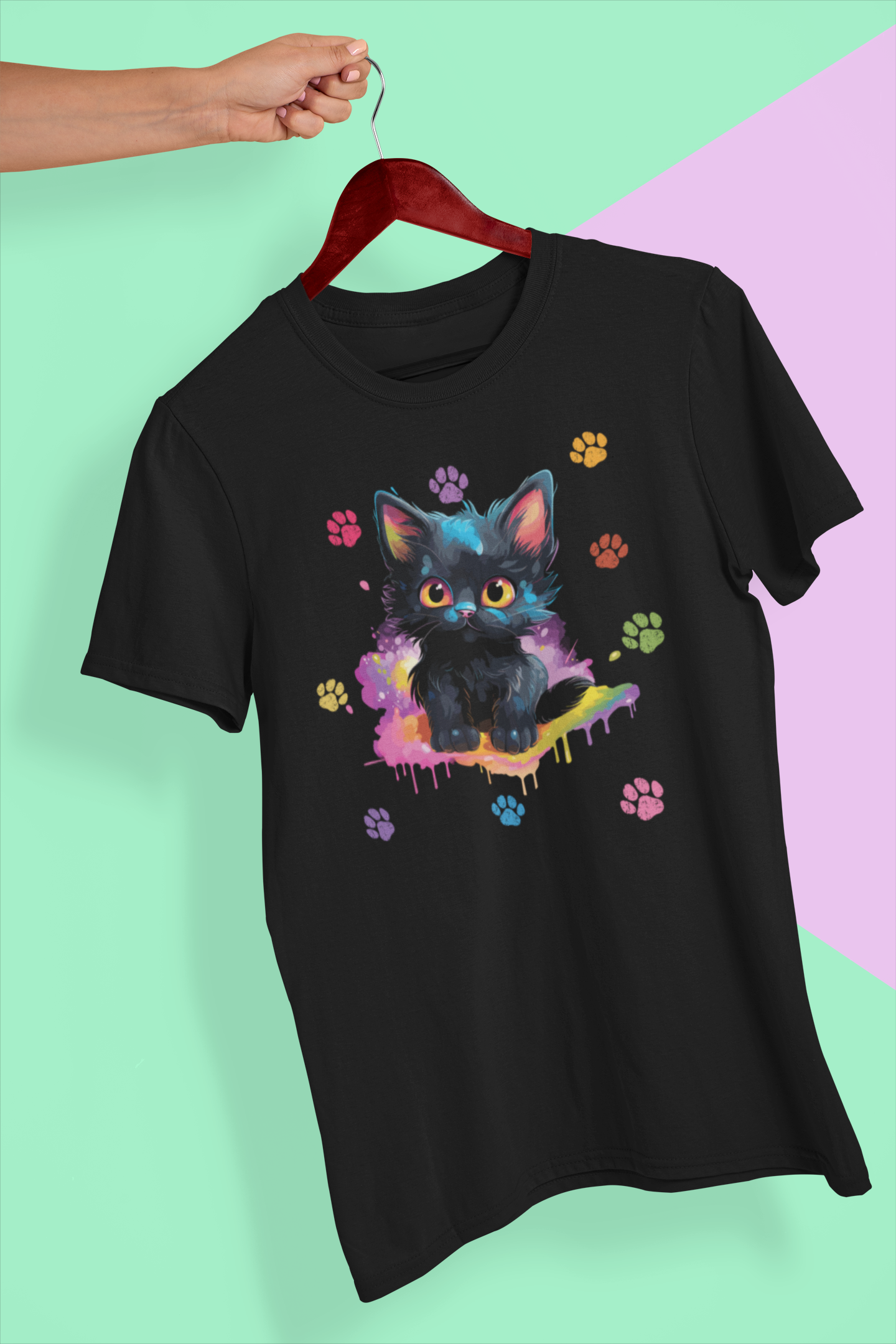 DTF Black Kittie, Playful, Cat Paws, Colorful DTF, Custom DTF, Direct To Film Transfer, Gift for her, Cat Lover, - River Front Creations Store