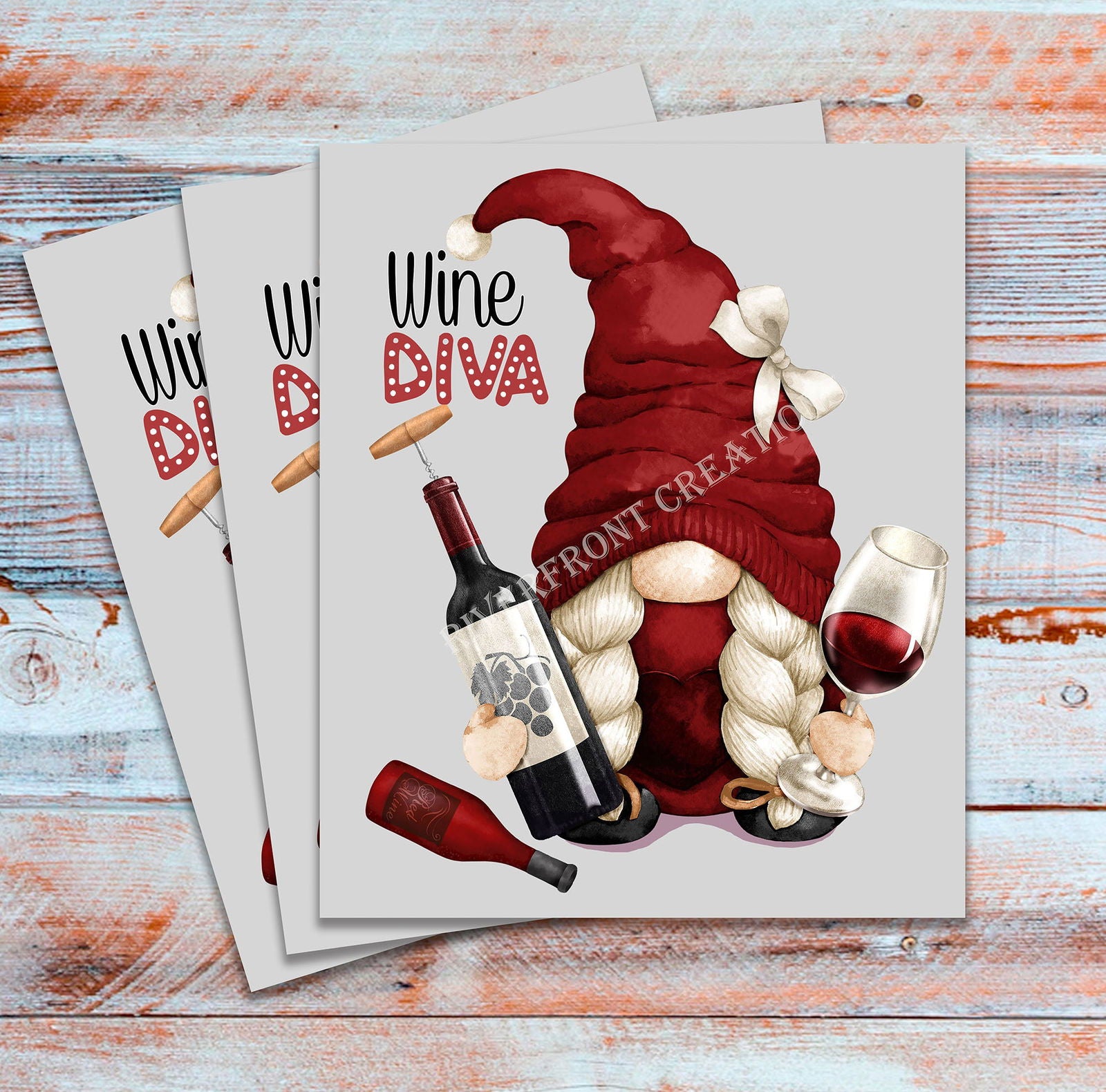 DTF Gnome Wine Diva, Custom DTF, Wine, Direct To Film, Gnome Transfer Image - River Front Creations Store