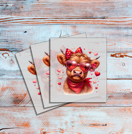DTF Highland Cow, Red Heart Glasses, Red Hearts, Pink Hearts, Custom DTF, Direct To Film Transfer, Cute, Valentines, Valentine, Gift - River Front Creations Store