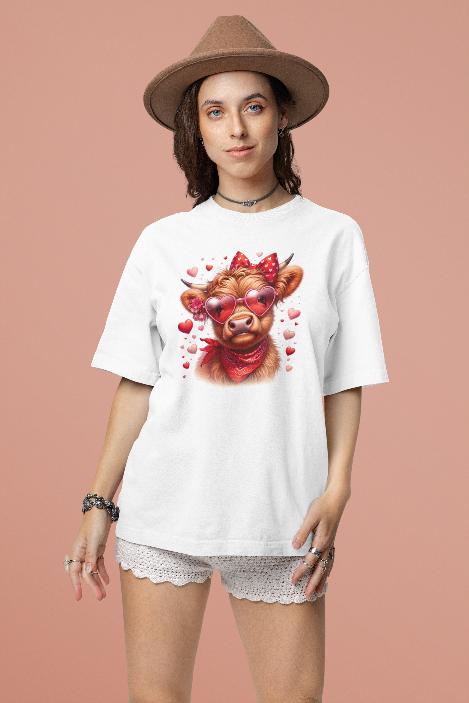 DTF Highland Cow, Red Heart Glasses, Red Hearts, Pink Hearts, Custom DTF, Direct To Film Transfer, Cute, Valentines, Valentine, Gift - River Front Creations Store