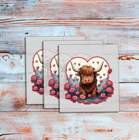 DTF Highland Cow print, Roses, Hearts, Custom DTF, Direct To Film Transfer, Cute Highland Cow, Valentines, Valentine, Gift, Couples T-shirt - River Front Creations Store