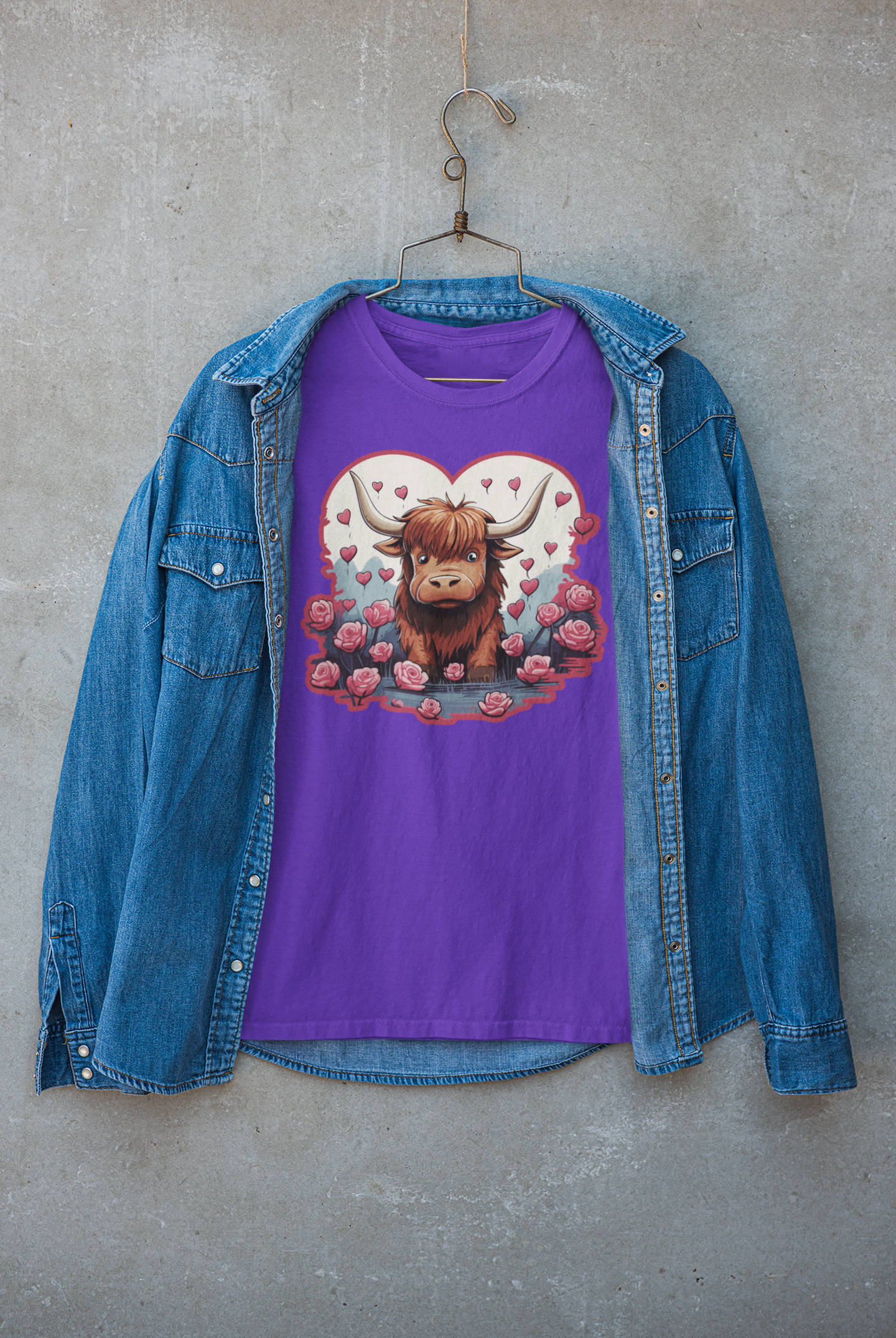 DTF Highland Cow print, Roses, Hearts, Custom DTF, Direct To Film Transfer, Cute Highland Cow, Valentines, Valentine, Gift, Couples T-shirt - River Front Creations Store