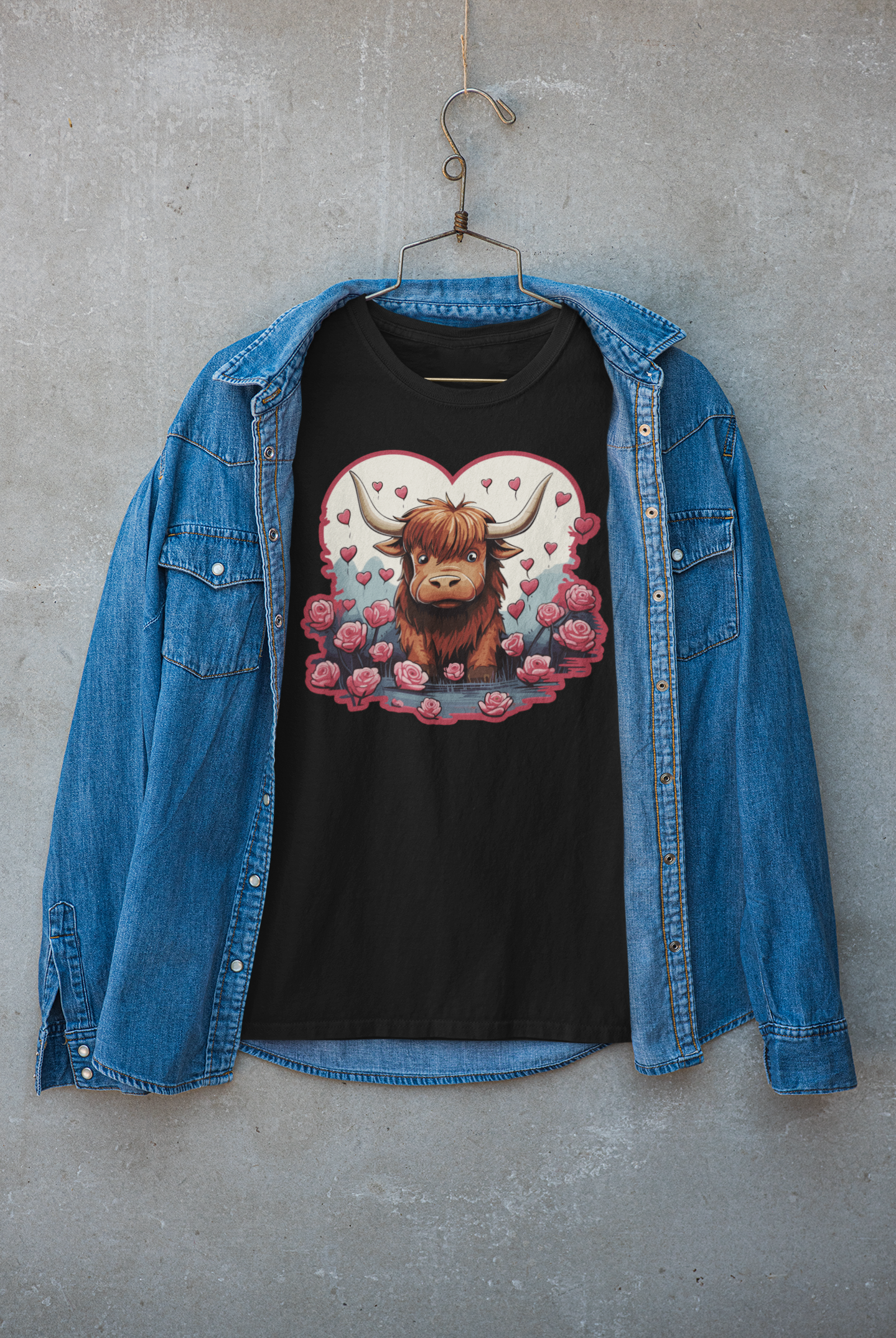 DTF Highland Cow print, Roses, Hearts, Custom DTF, Direct To Film Transfer, Cute Highland Cow, Valentines, Valentine, Gift, Couples T-shirt - River Front Creations Store