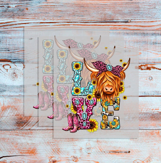 DTF LOVE Highland Cow, Pink Boots, Custom DTF, Direct To Film Transfer, Cute Highland Cow, Valentines, Valentine, Gift - River Front Creations Store