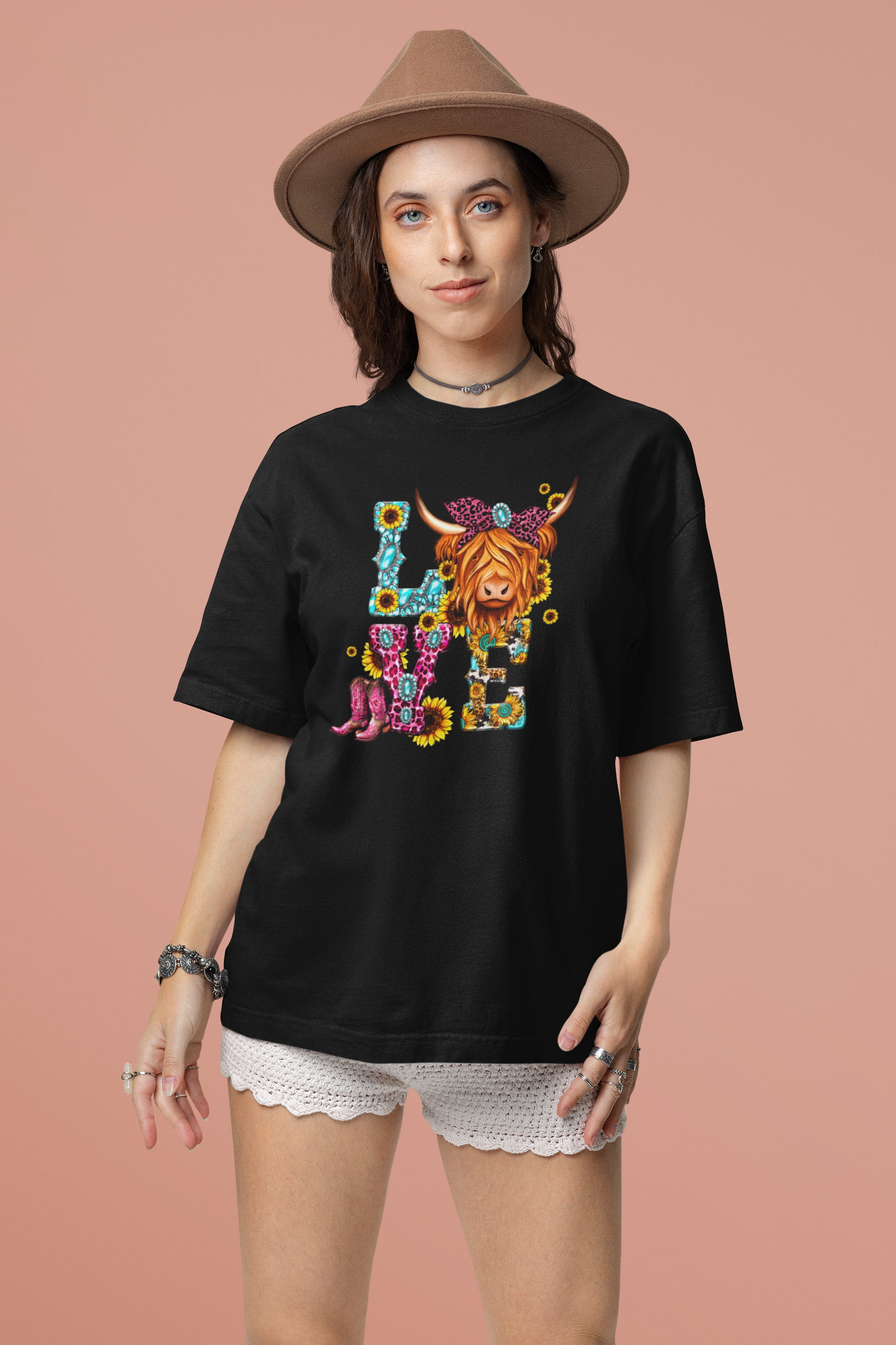 DTF LOVE Highland Cow, Pink Boots, Custom DTF, Direct To Film Transfer, Cute Highland Cow, Valentines, Valentine, Gift - River Front Creations Store