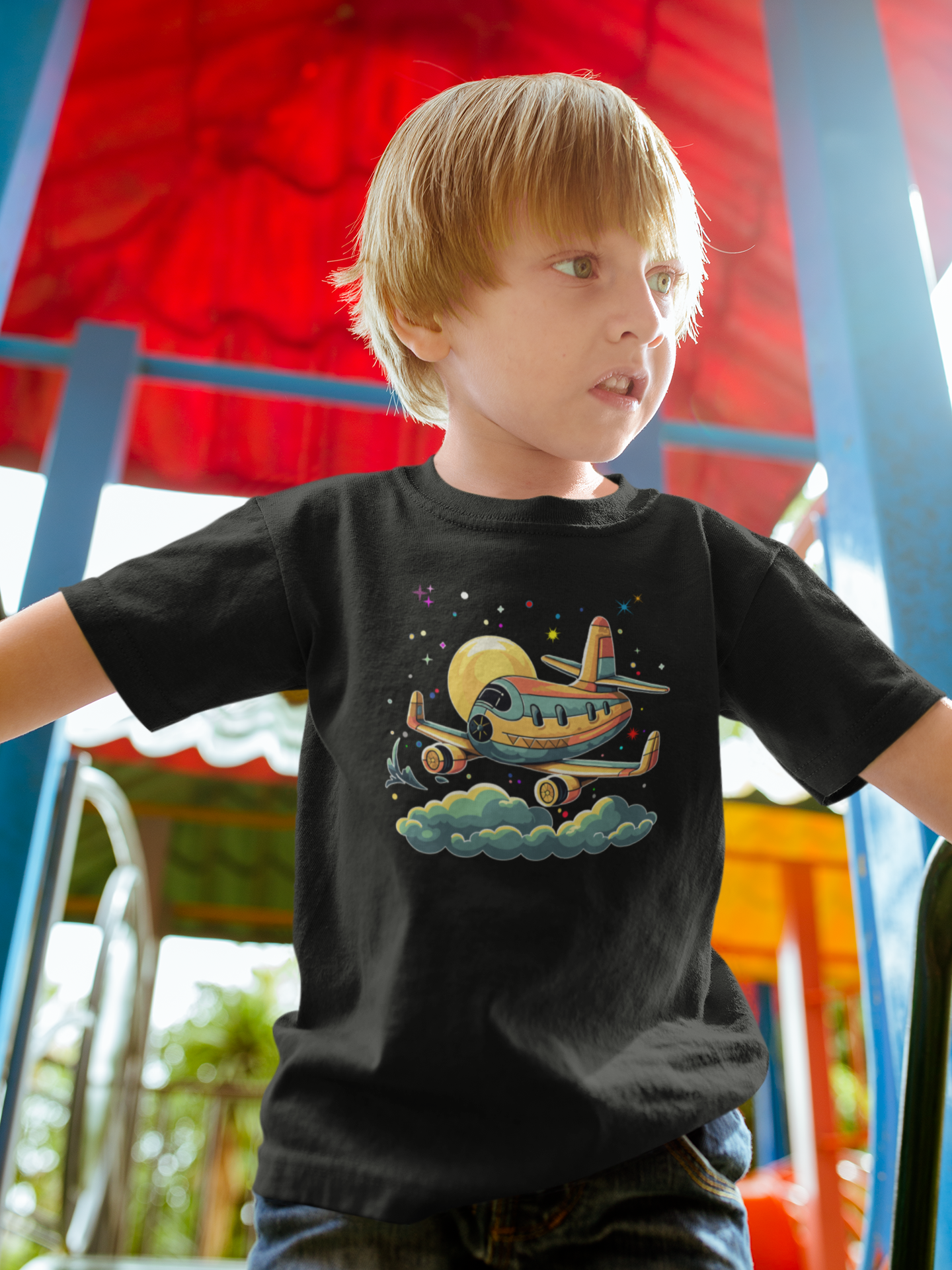 DTF Yellow Airplane, Playful, Kids T-shirt, Colorful DTF, Custom DTF, Direct To Film Transfer, Kids Shirt, Airplane. - River Front Creations Store