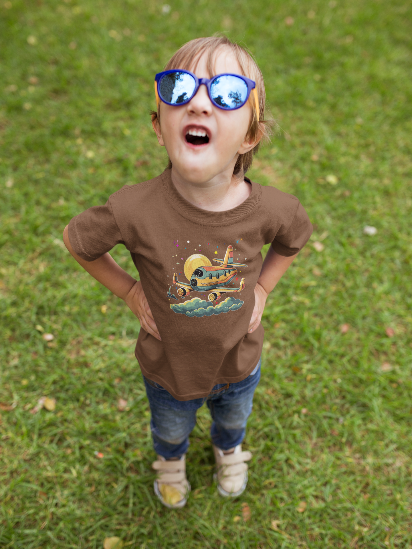 DTF Yellow Airplane, Playful, Kids T-shirt, Colorful DTF, Custom DTF, Direct To Film Transfer, Kids Shirt, Airplane. - River Front Creations Store
