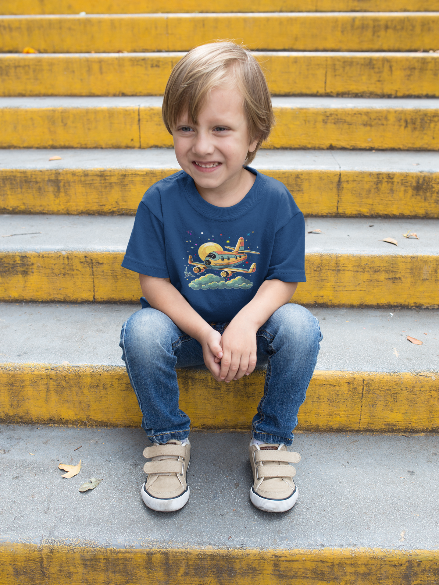 DTF Yellow Airplane, Playful, Kids T-shirt, Colorful DTF, Custom DTF, Direct To Film Transfer, Kids Shirt, Airplane. - River Front Creations Store