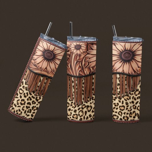 Faux Tooled Leather Leopard Stainless Steel Tumbler - River Front Creations Store