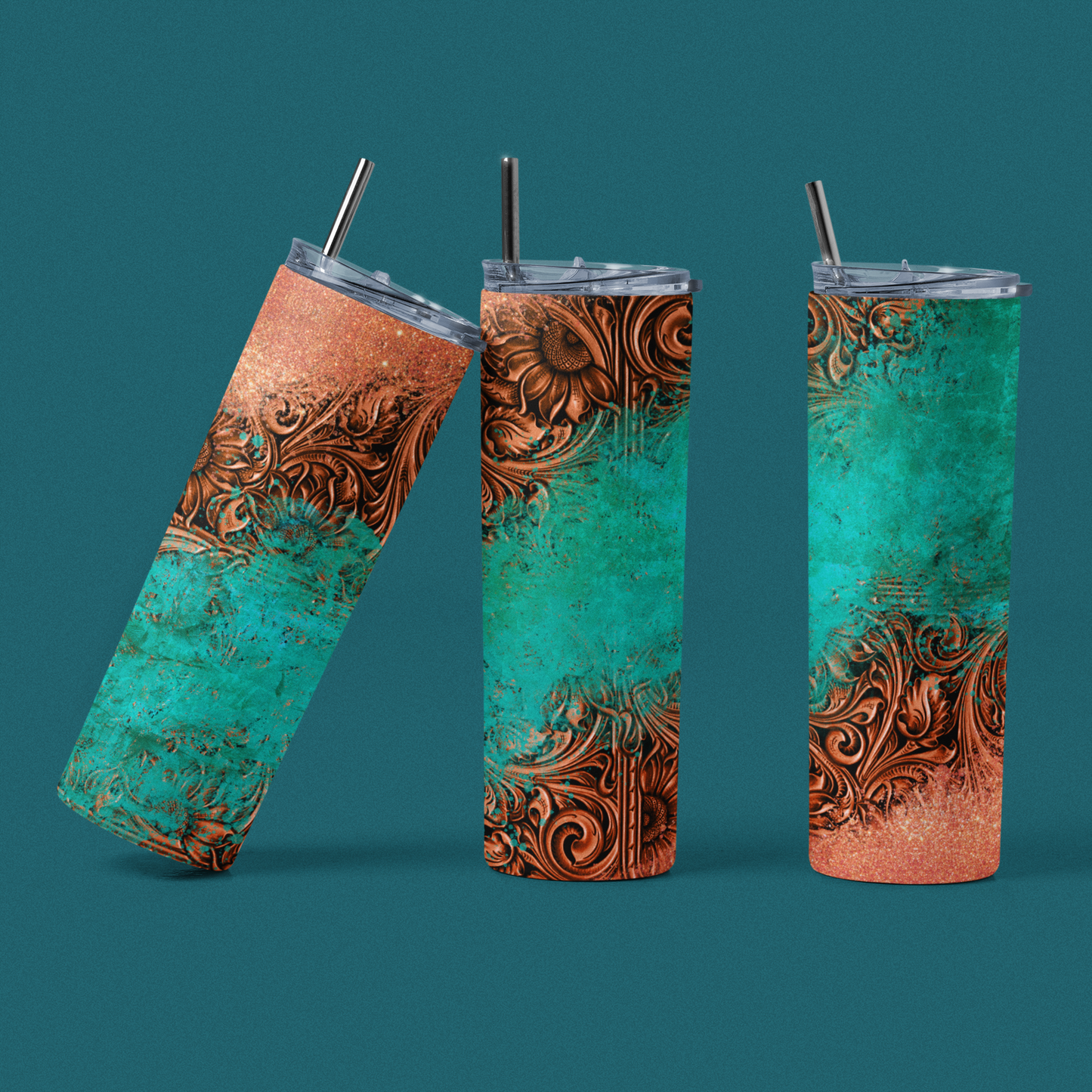 Faux Tooled Leather Turquoise Glitter Stainless Steel Tumbler - River Front Creations Store