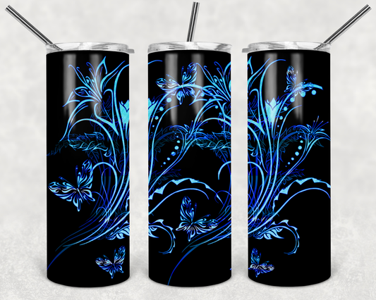 Gorgeous Blue Flower Butterfly Stainless Steel Tumbler - River Front Creations Store