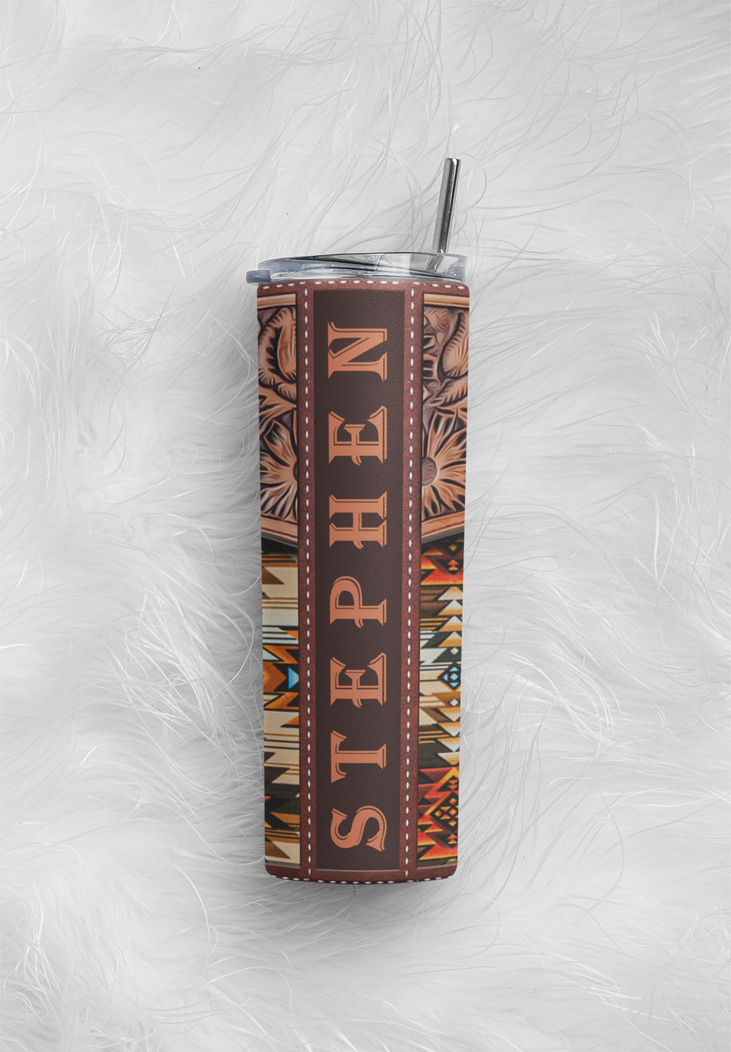 Personalized Faux Tooled Leather Aztec Tumbler, Sublimation Image, 304 Stainless Steel, Dual-walled - River Front Creations Store