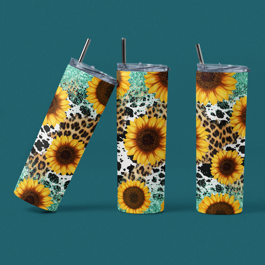 Sunflower Cowhide Leather Stainless Steel Tumbler - River Front Creations Store