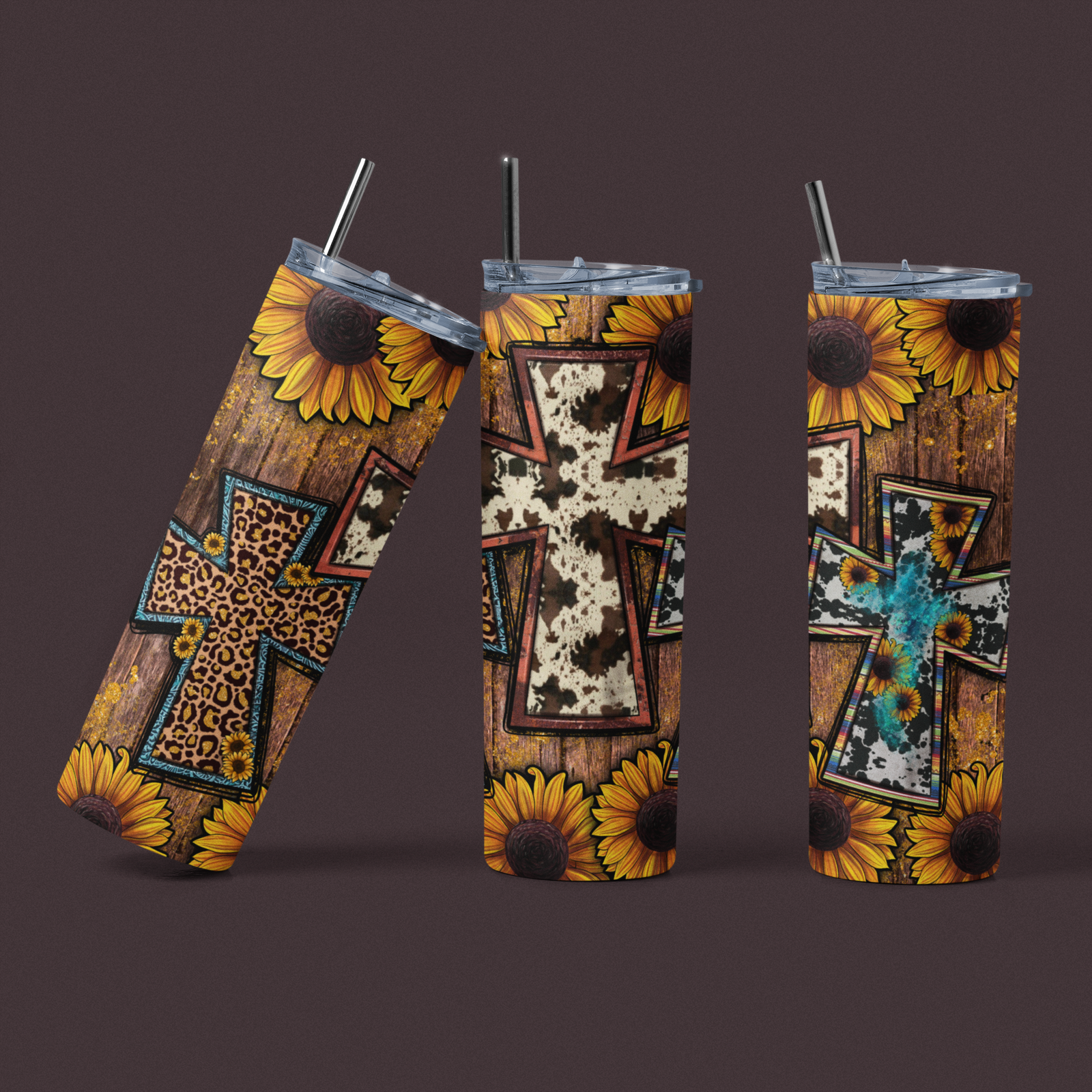 Sunflower Wood and Crosses Stainless Steel Tumbler - River Front Creations Store