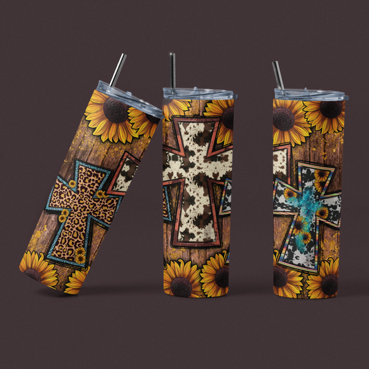 Sunflower Wood and Crosses Stainless Steel Tumbler - River Front Creations Store