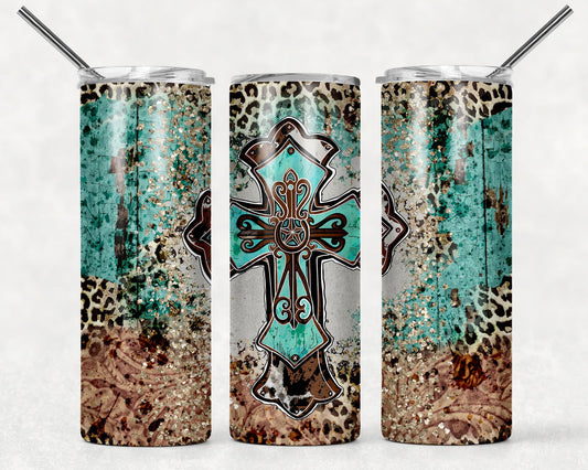Teal-mocha Leopard Cross Stainless Steel Tumbler - River Front Creations Store