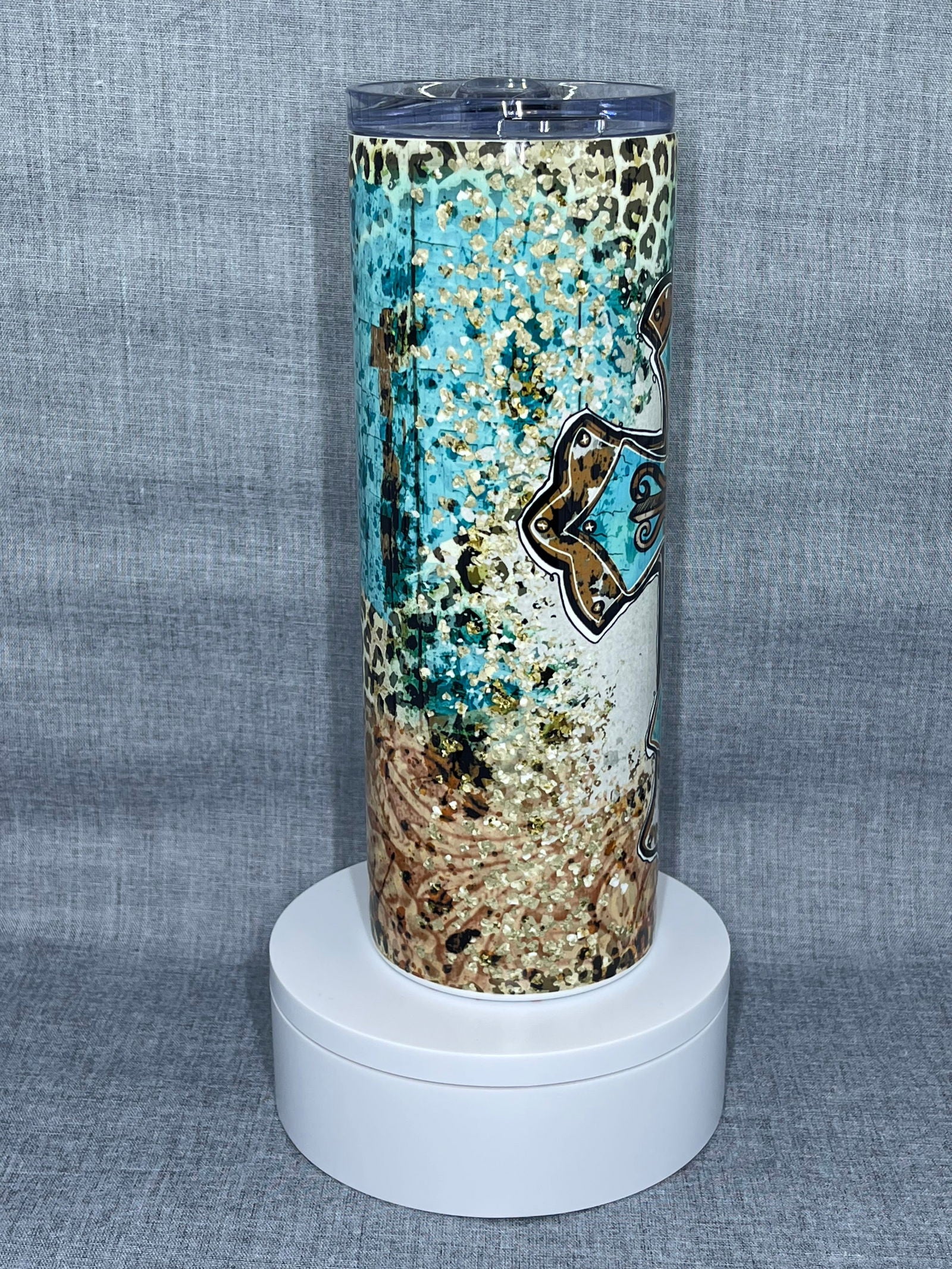 Teal-mocha Leopard Cross Stainless Steel Tumbler - River Front Creations Store