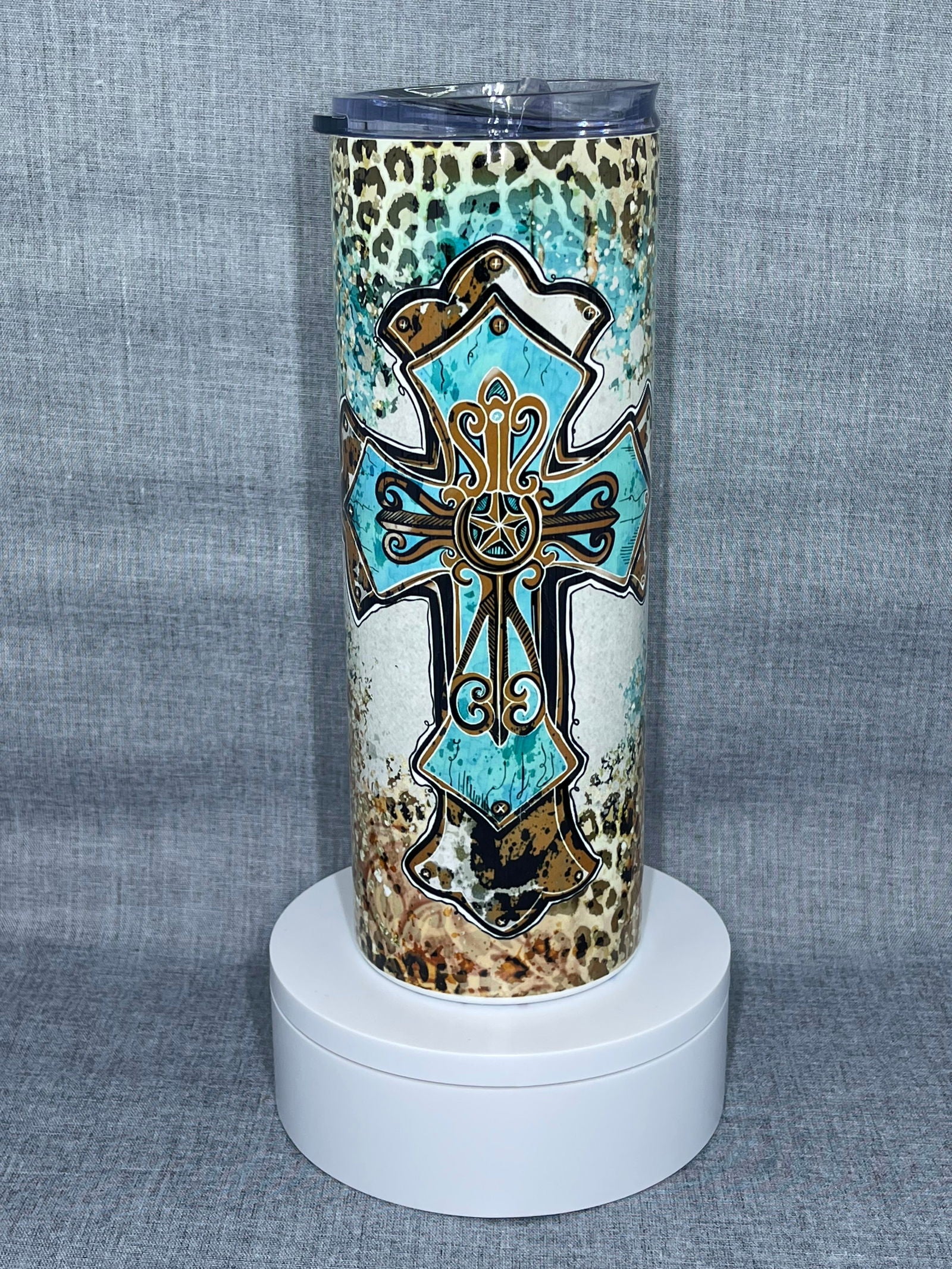 Teal-mocha Leopard Cross Stainless Steel Tumbler - River Front Creations Store