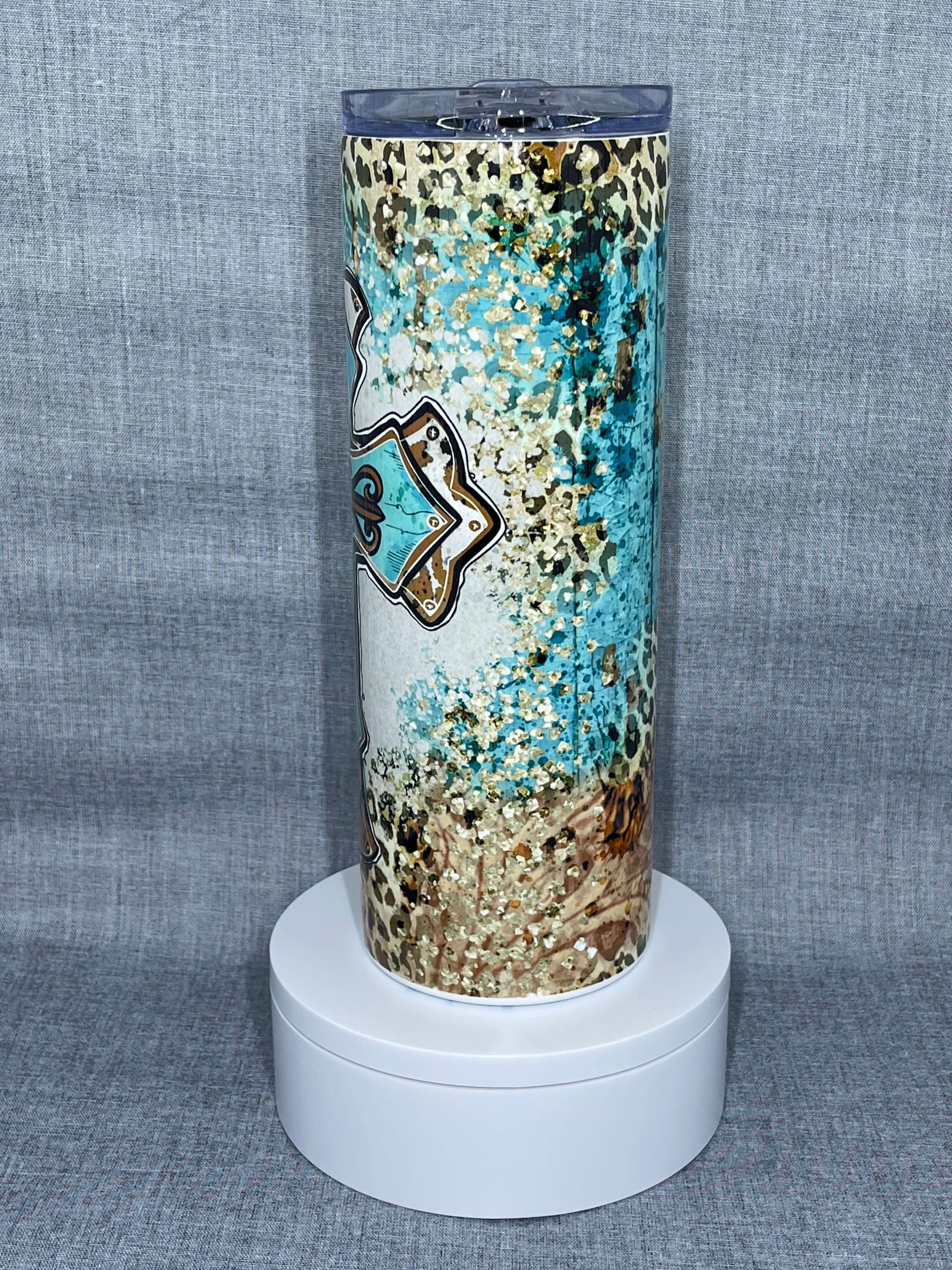 Teal-mocha Leopard Cross Stainless Steel Tumbler - River Front Creations Store