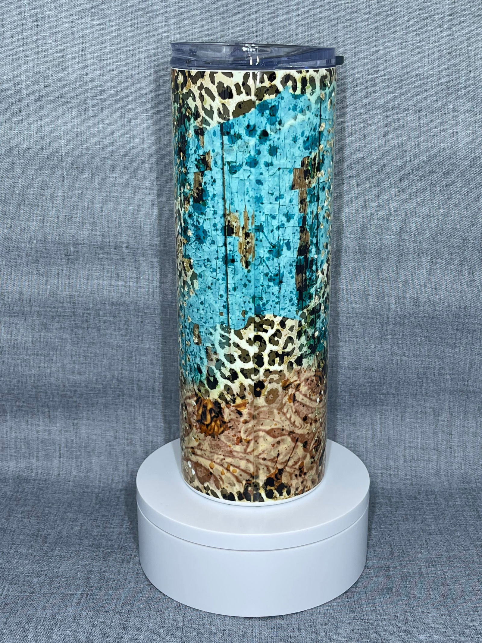 Teal-mocha Leopard Cross Stainless Steel Tumbler - River Front Creations Store